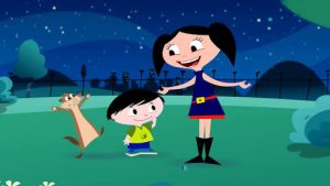 screenshot: Personagens do Show da Luna encontram com crianças na Caminhada do Santa Joana
