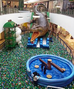 screenshot: Nova atração do shopping Metrô Tucuruvi reúne tobogã  crocodilo gigante com escorregador, piscina de bolinhas e torres